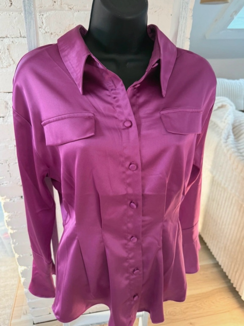 Satin Button-Down Magenta blouse work and play day and night size small